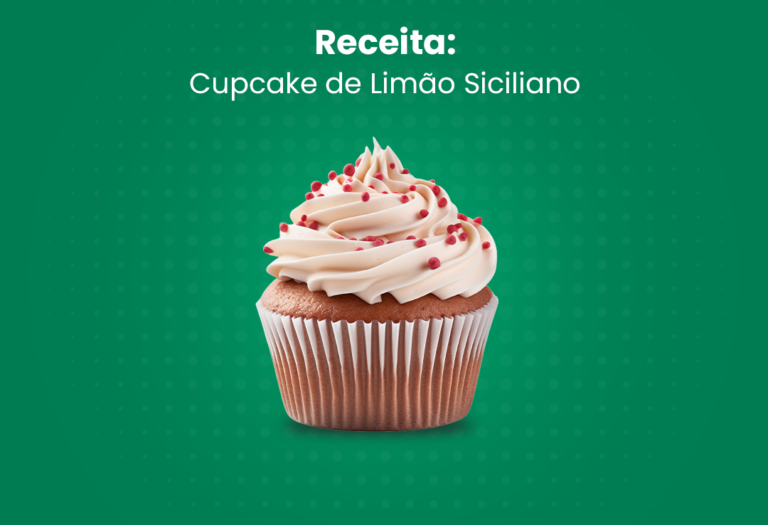 Cupcake no centro da Imagem, acima dele a frase "Receita: Cupcake de Limão Siciliano". Fundo Verde com poá.