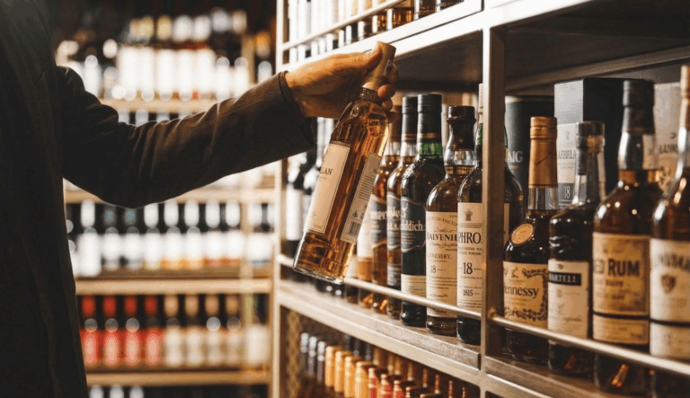 Pessoa escolhendo garrafa de whisky em adega com prateleiras repletas de bebidas premium, incluindo rótulos variados de destilados e licores.