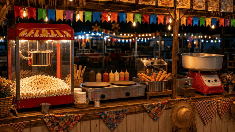 Barraca de festa junina à noite, decorada com bandeirinhas coloridas, luzes pendentes e toalhas xadrez, exibindo equipamentos de preparo de alimentos como máquina de pipoca, chapa de crepe, fritadeira para churros e máquina de algodão-doce sobre um balcão de madeira.